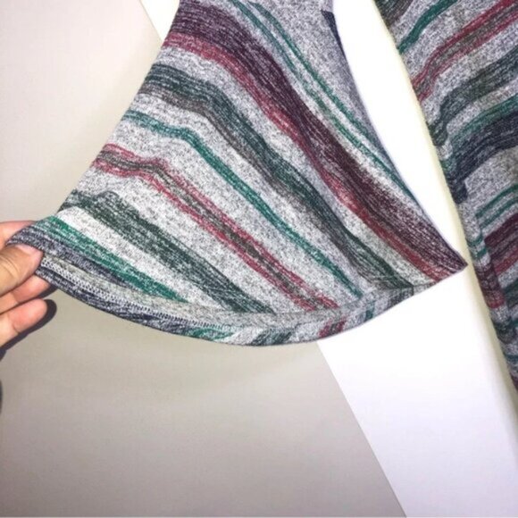 Market& Spruce Stripe Dress M Green Blue Wine Grey Long Bell Sleeve Knee - Picture 7 of 8